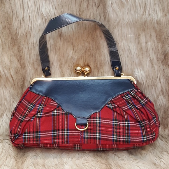 Red Plaid Purse With Royal Emblem -- Cleaned, & Sanitized - Picture 2 of 4